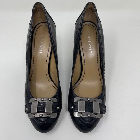 Nine West Women's Orsello Wedge Slip On Shoes Buckle Cap Toe Black Size 7M - Picture 2 of 10